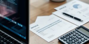 Blog 29 Espacio de trabajo con computadora portátil y facturas.