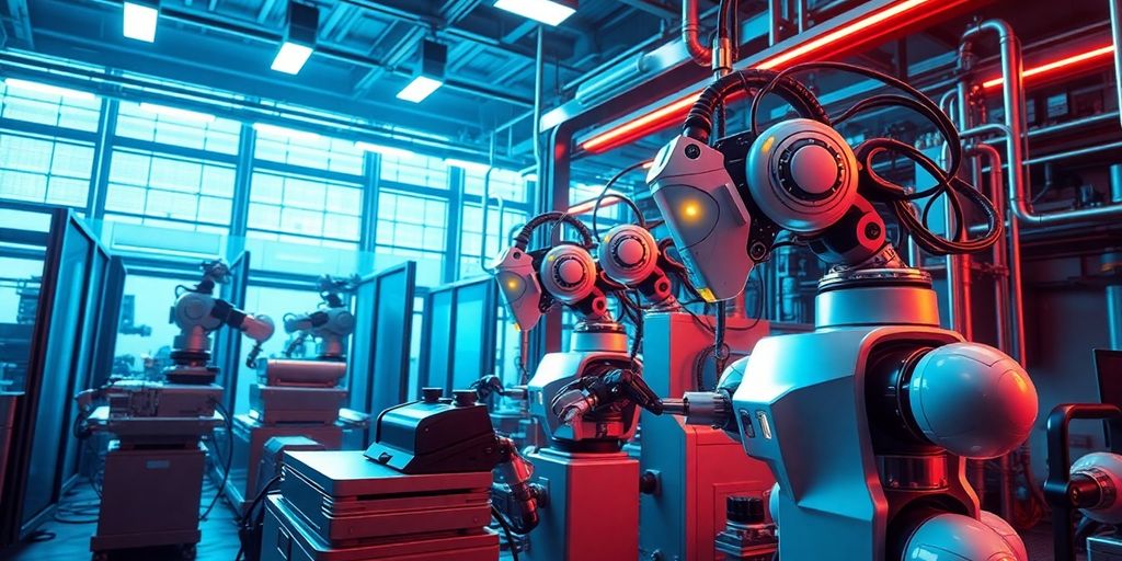 Estrategias Innovadoras para la Optimización de Procesos Automatizados 13 Robots y maquinaria automatizada en un entorno futurista.