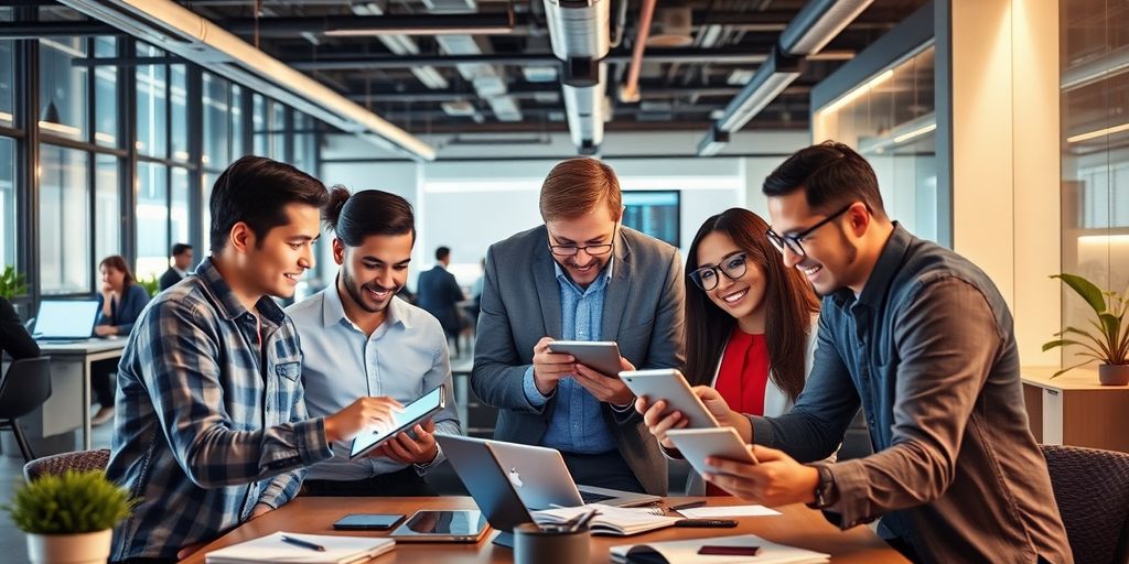 Transformación digital para empresas: Estrategias clave para el éxito en 2025 16 Profesionales colaborando en un entorno digital moderno.