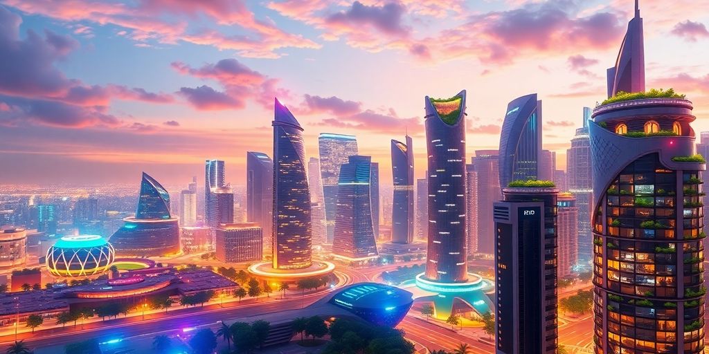 La revolución de la inteligencia artificial: Transformando el futuro de la humanidad 19 Ciudad futurista con tecnología avanzada y robótica.
