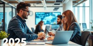 Blog 30 Escena de oficina moderna con colaboradores y tecnología avanzada.
