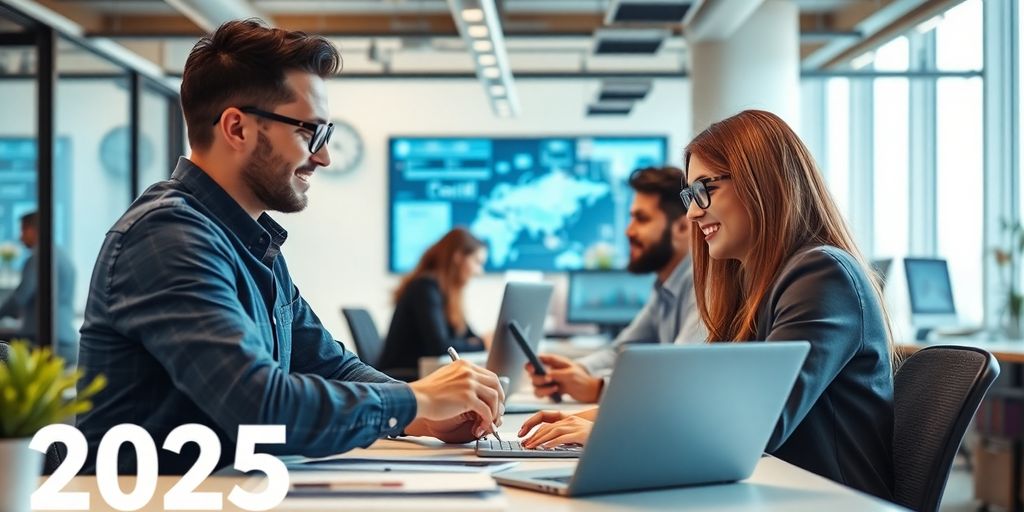 Cómo la automatización del flujo de trabajo transforma la productividad empresarial en 2025 10 Escena de oficina moderna con colaboradores y tecnología avanzada.