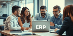 Oficina moderna con profesionales discutiendo integración ERP.