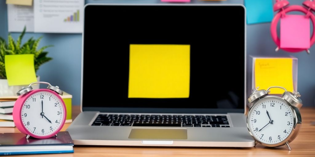 Espacio de trabajo vibrante con computadora y notas adhesivas.