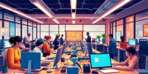 Blog 23 Empleados trabajando con tecnología automatizada en oficina moderna.