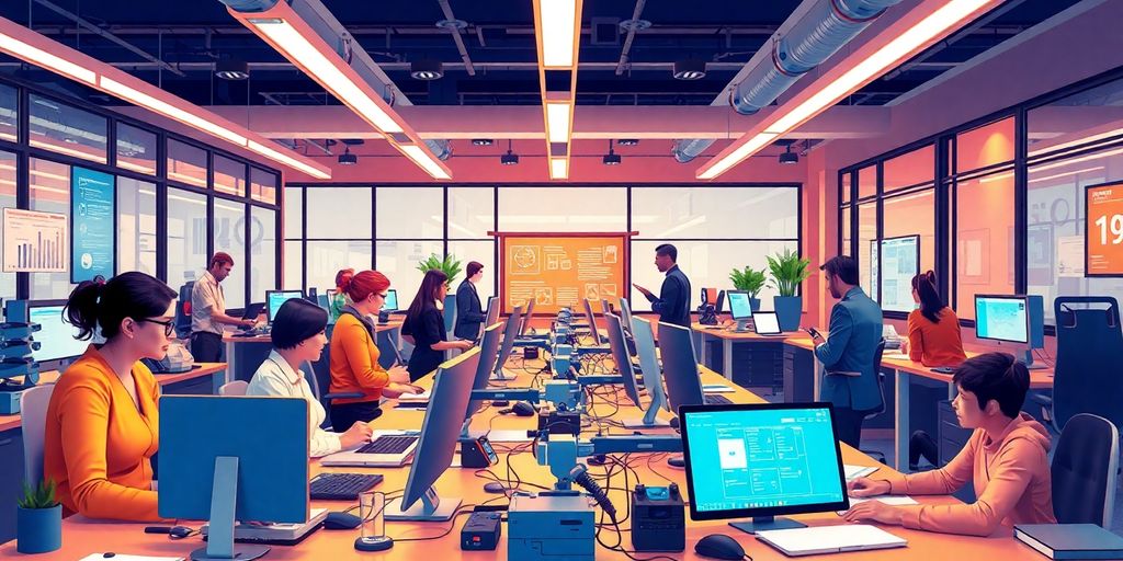 Empleados trabajando con tecnología automatizada en oficina moderna.