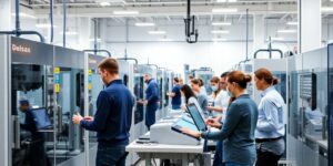 Blog 24 Empleados interactuando con tecnología de automatización en oficina.