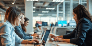 Oficina moderna con profesionales colaborando en automatización.
