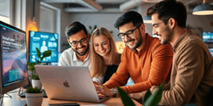 Dueños de pymes colaborando en la transformación digital.