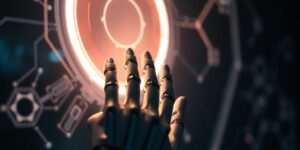 Mano robótica tocando pantalla holográfica