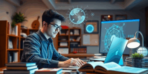 Persona usando herramientas de IA en un espacio de trabajo.