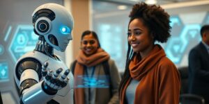 Blog 31 Robot asistente interactuando con cliente sonriente en entorno futurista.