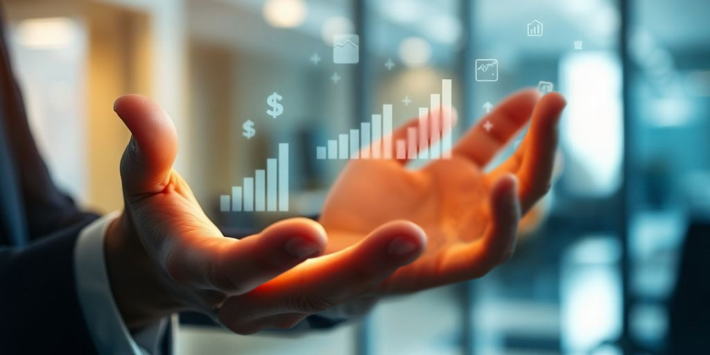 Manos interactuando con hologramas de datos financieros.