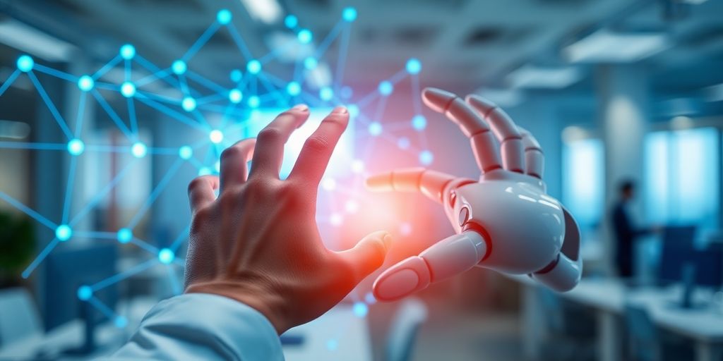 El Futuro es Hoy: Cómo Automatizar con IA para la Eficiencia de tu Negocio 9 Mano robótica tocando pantalla holográfica con datos del negocio.