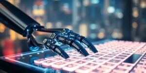 Mano robótica escribiendo en teclado holográfico futurista.