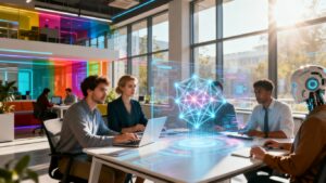 Empresarios colaborando con IA en oficina moderna.