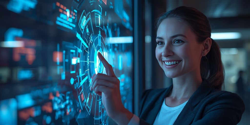 IA en el servicio de atención 24/7: Mejora la experiencia del cliente 28 persona sonriente interactuando con una interfaz digital