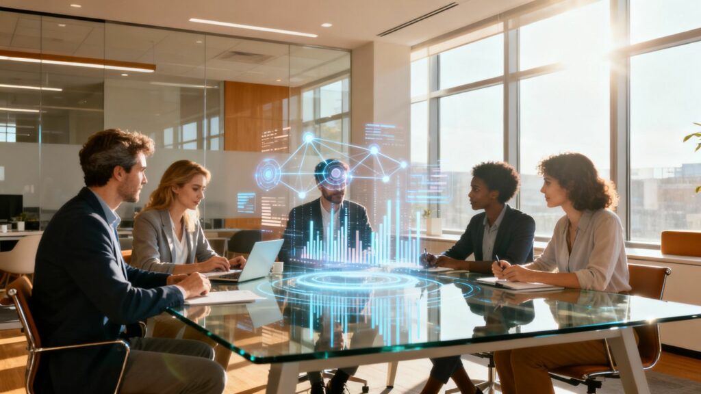 Empresarios trabajando con tecnología avanzada en una oficina moderna.