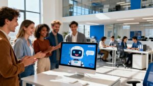 Chatbot atendiendo clientes eficientemente en una oficina moderna.