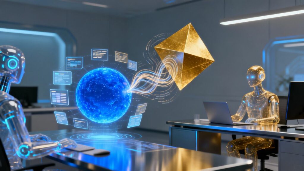 Agentes de IA trabajando en un entorno futurista.