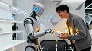 Robot hablando con un cliente en una tienda.