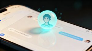 Interfaz de chatbot amigable y moderna en pantalla.